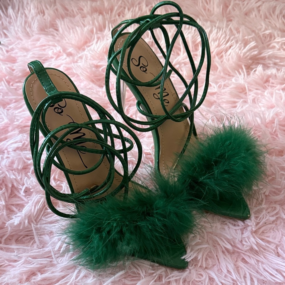 So Me Emerald Strappy Heels with Feather Accent